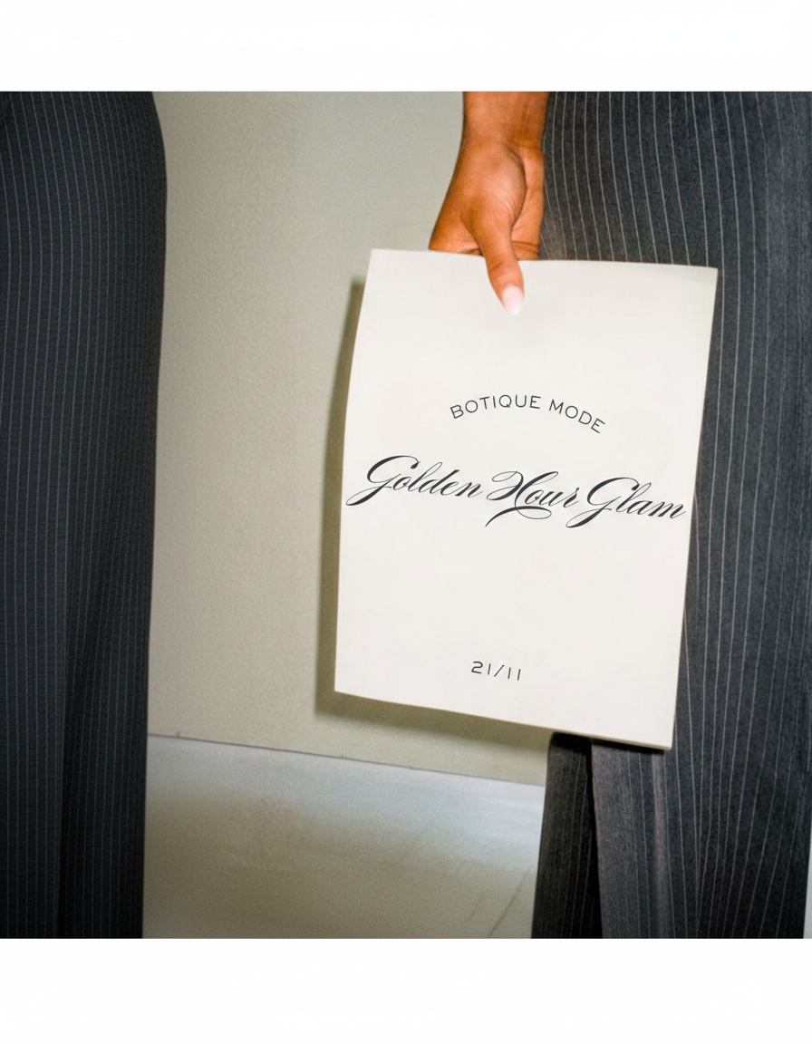 Mano sosteniendo una invitación Golden Hour Glam de Botique Mode sobre un pantalón de raya.