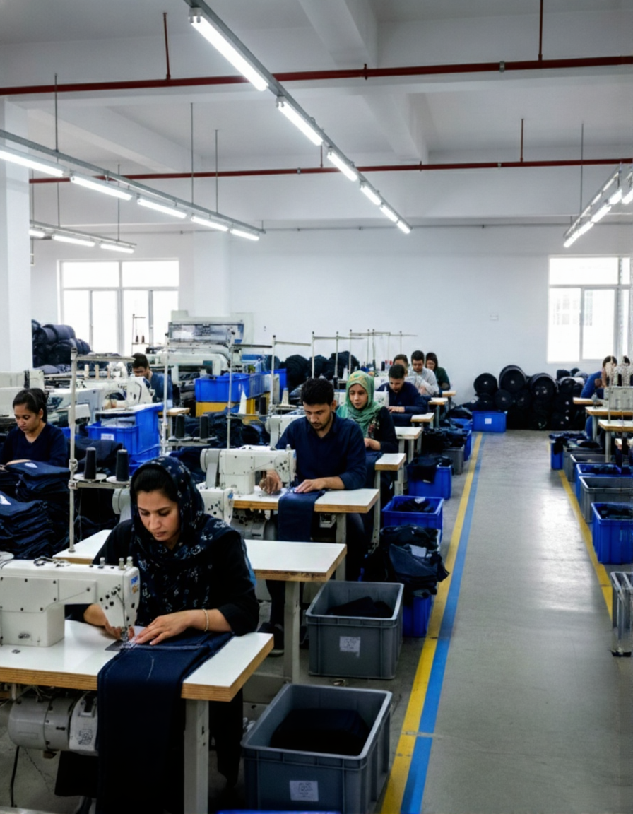 Workers at a production facility using industrial sewing machines to assemble garments.