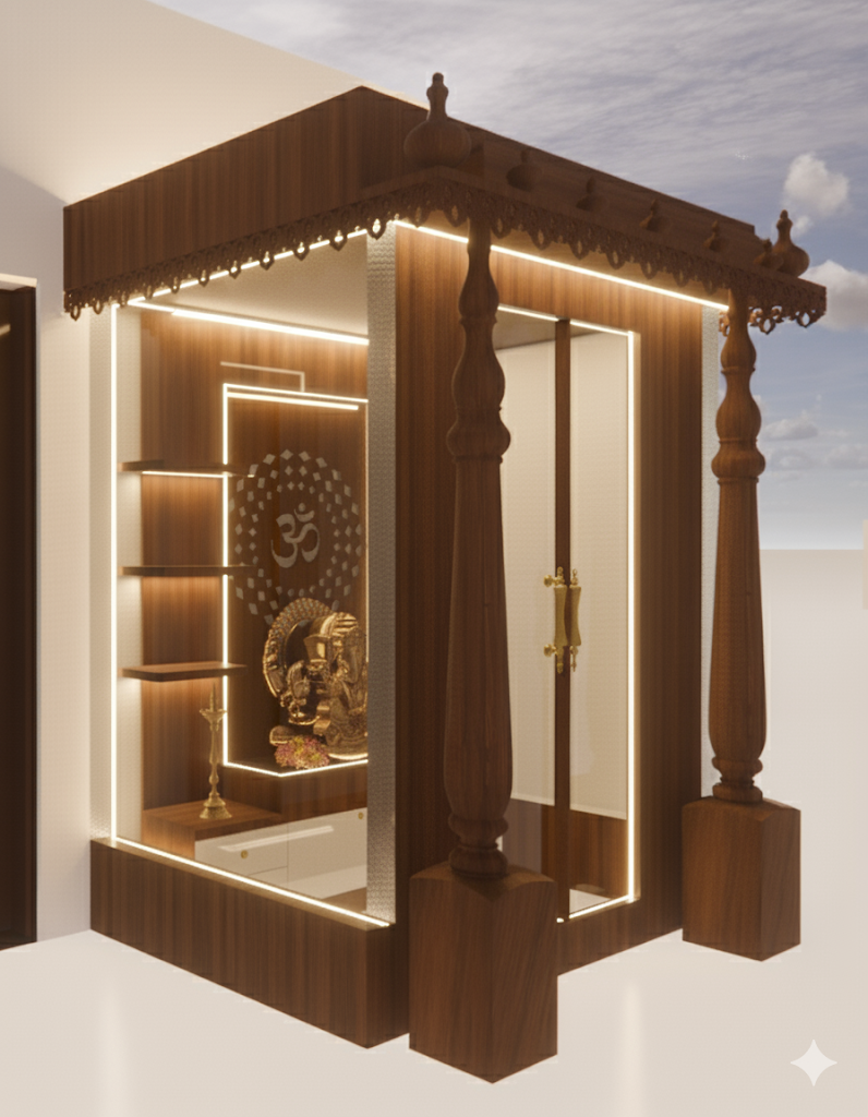 Modern wooden mandir design for home featuring LED lighting, Om symbol, and Lord Ganesha idol.