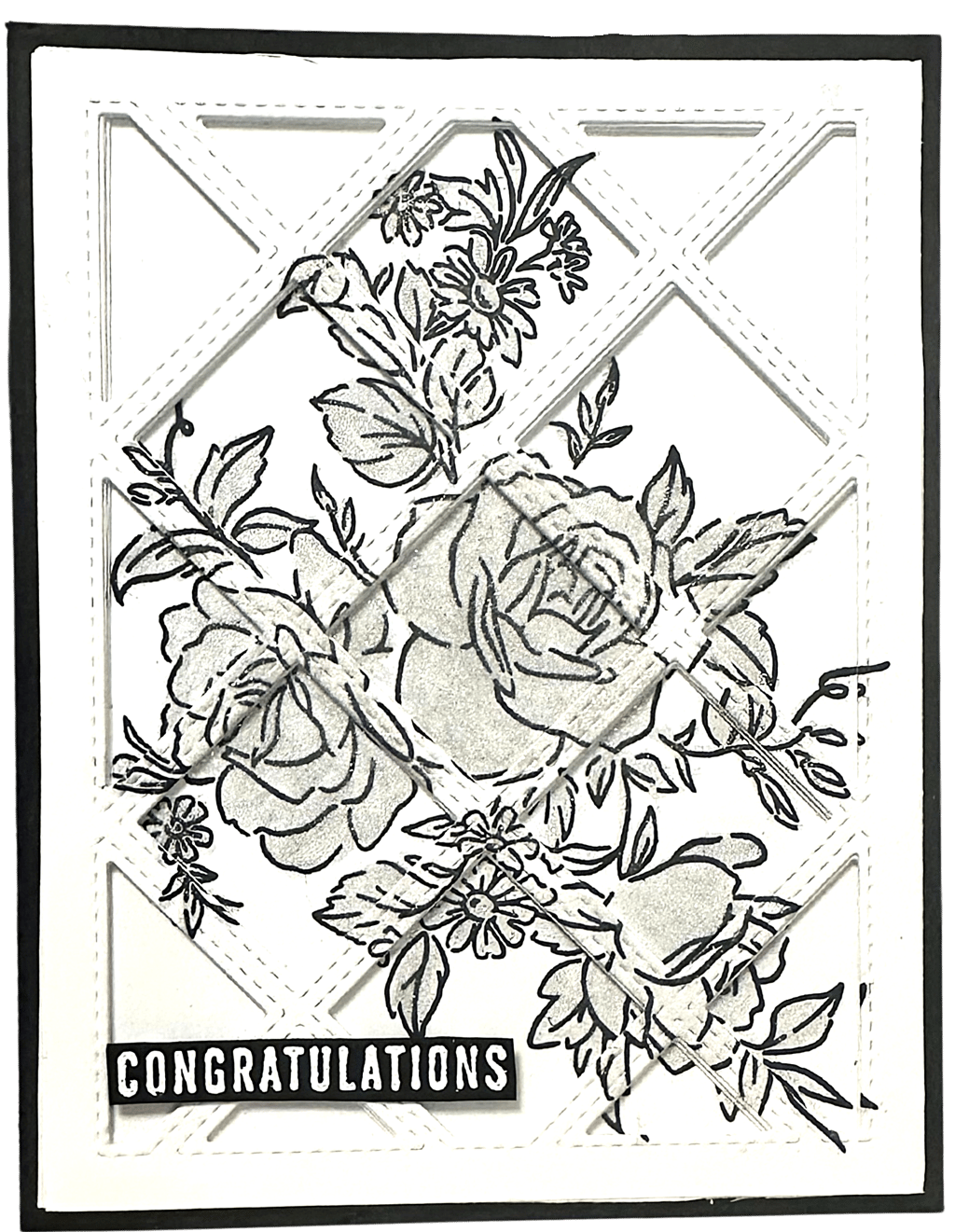 Handmade Congratulations card with 3D lattice on top of shimmery roses.