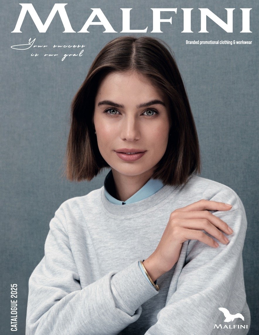 Woman wearing a grey Malfini sweatshirt from the 2025 branded promotional clothing and workwear catalogue.