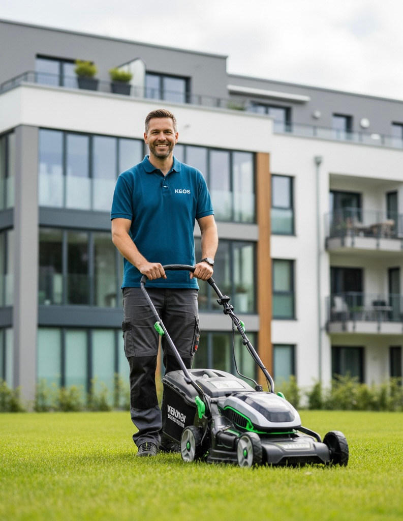 a man standing in the grass with a lawn mower