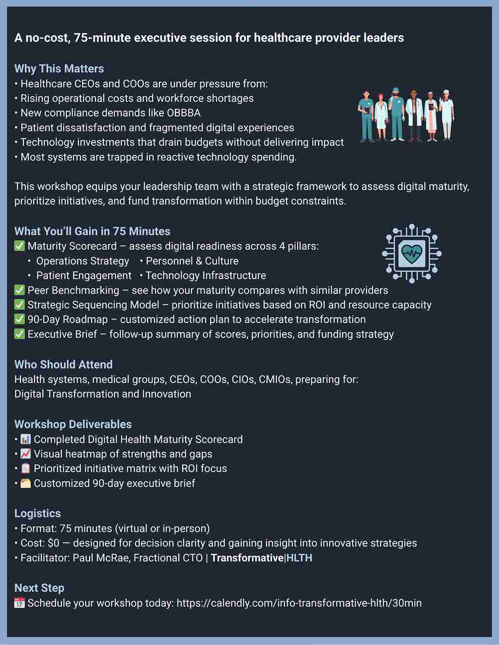 Healthcare workshop on digital health modernization, innovation, and improving patient care outcomes.