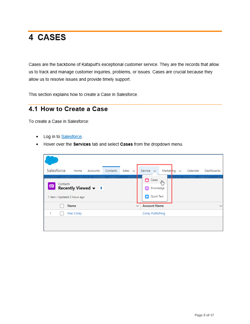 Image of user guide writing sample from Glen Cadorette:  How to Create a Case.