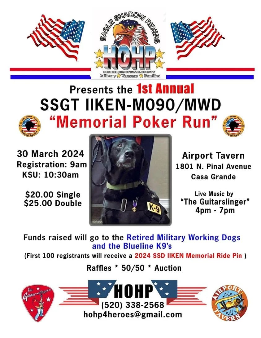 HOHP flyer, displaying the HOHP Eagle logo and the text "Memorial Poker Run" for SSGT IIKEN-MO90/MWD