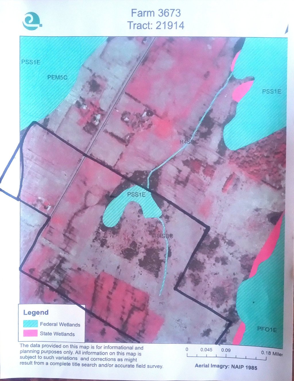 an overhead map indicating the boundaries of the farm and nearby federal and state wetlands