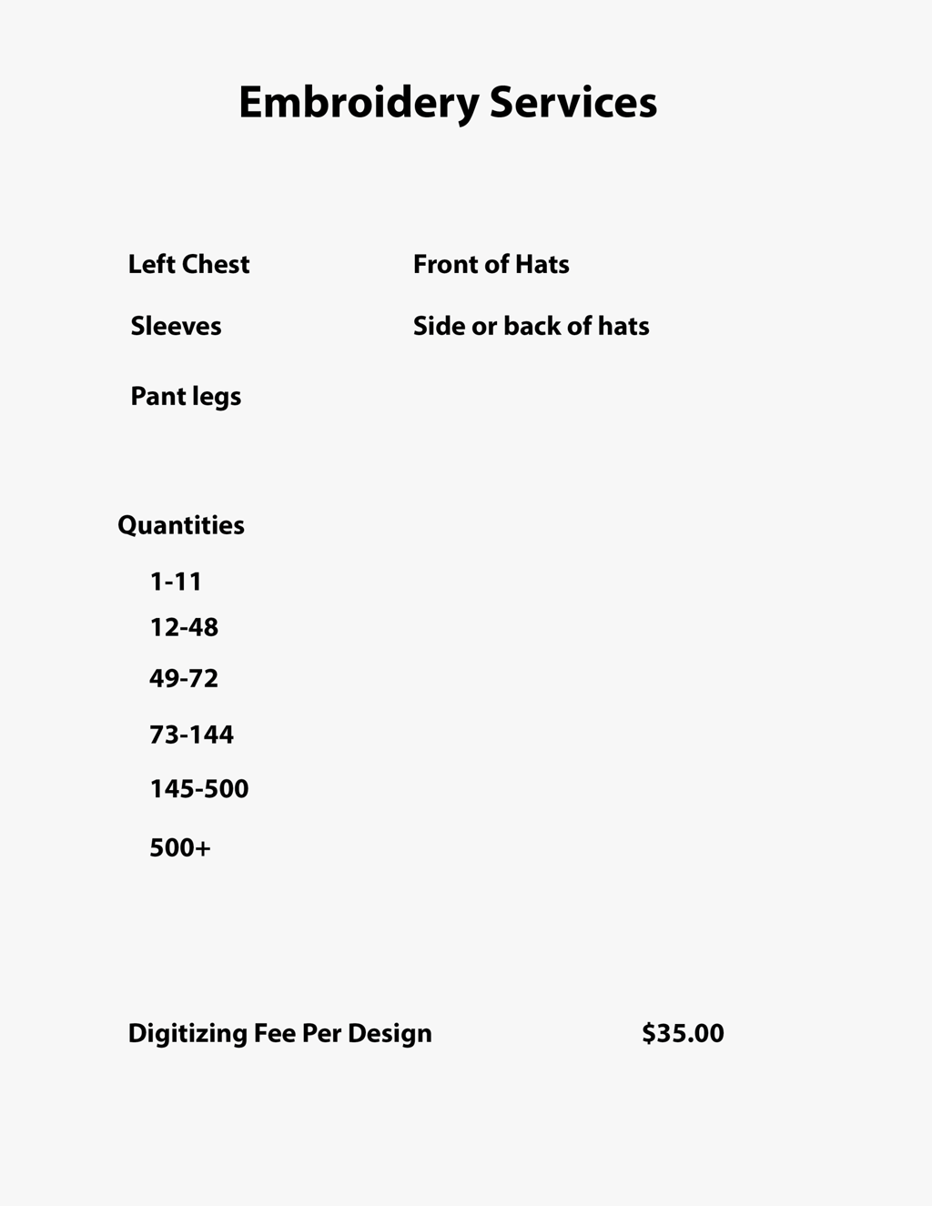 embroidery quantities and locations