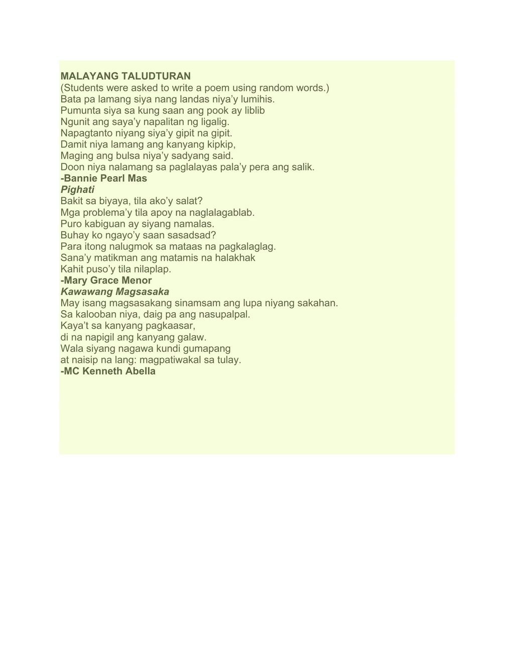 malayang taludturan free verse