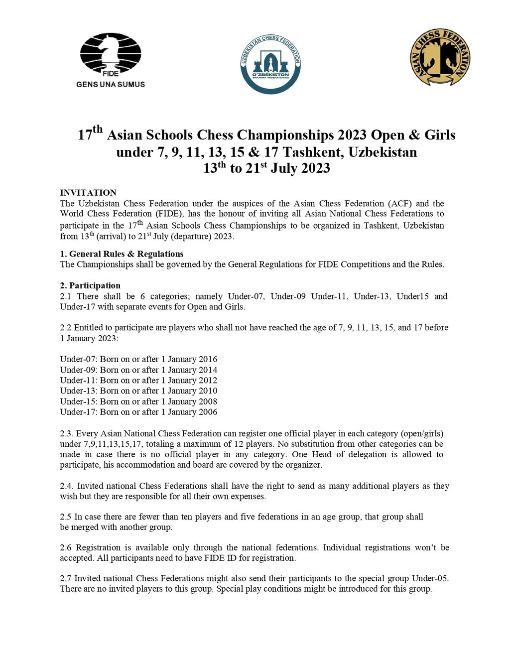 17th Asian Schools Chess Championships 2023 in Tashkent, Uzbekistan