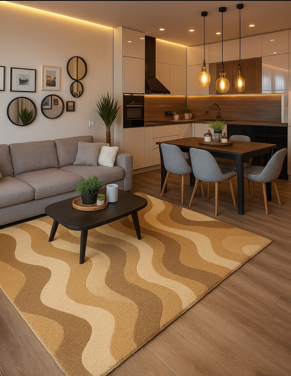 Luxury tufted carpet in a modern living room interior.