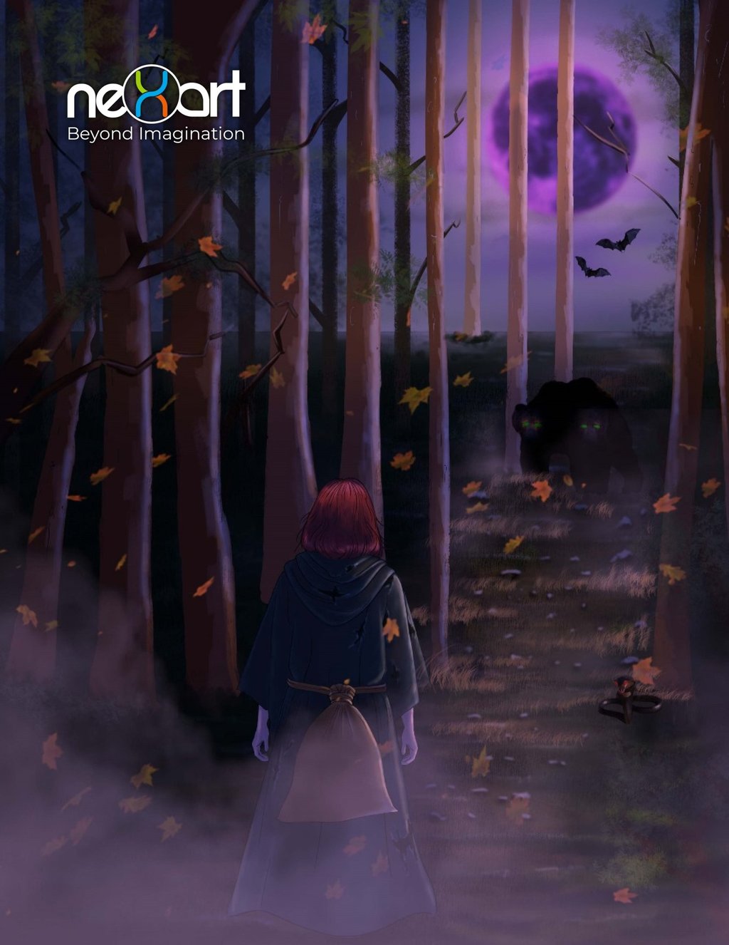 Illustration of a girl in a forest at night, facing a two-headed bear on the trail.