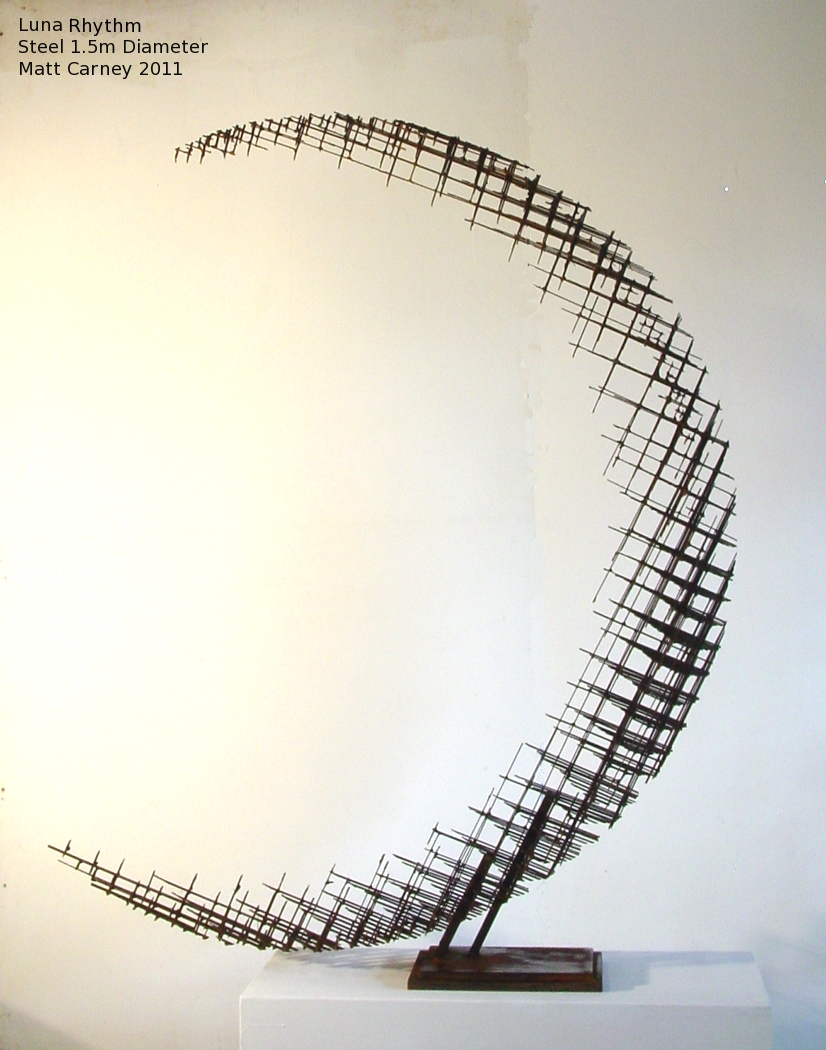 a rusted steel cross-hatched crescent shaped sculpture