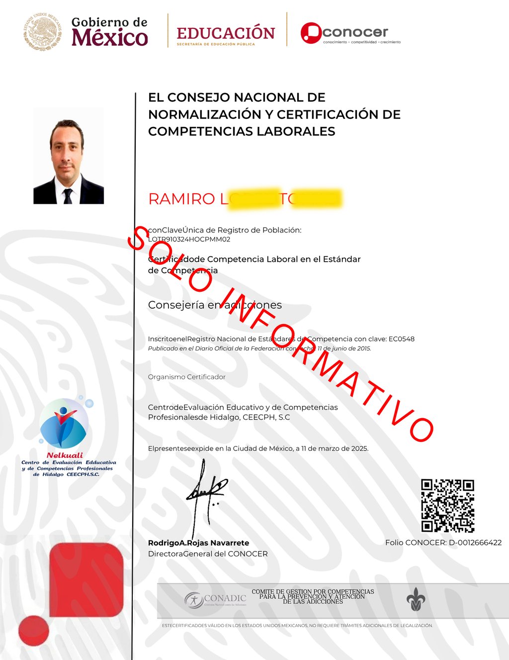 Official Mexican labor competency certificate for Ramiro with CONOCER and SEP logos.