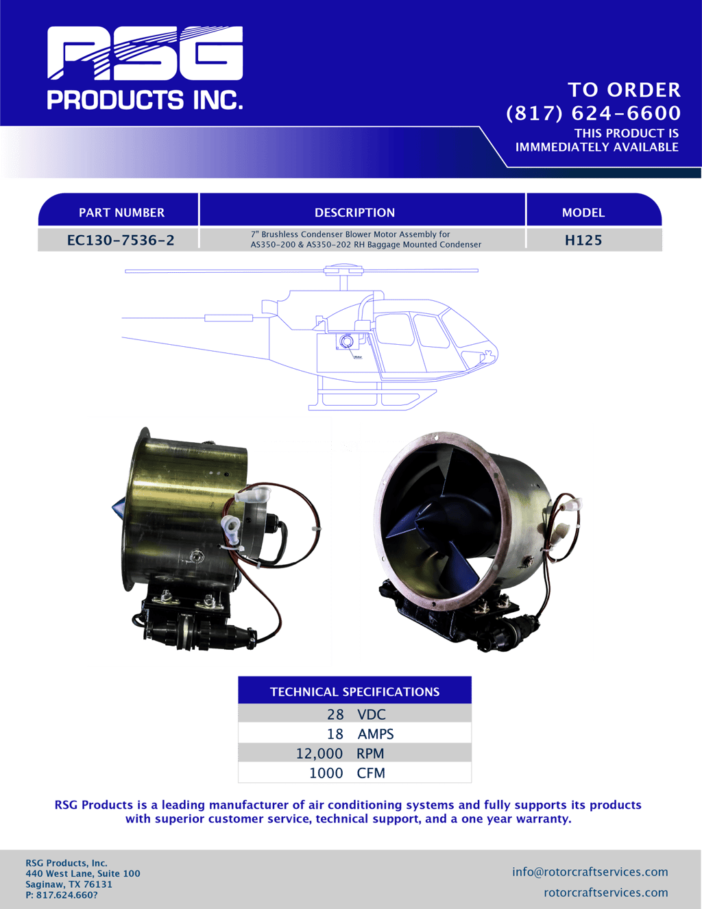 RSG Products H125 brushless condenser blower motor assembly for helicopter air conditioning systems.