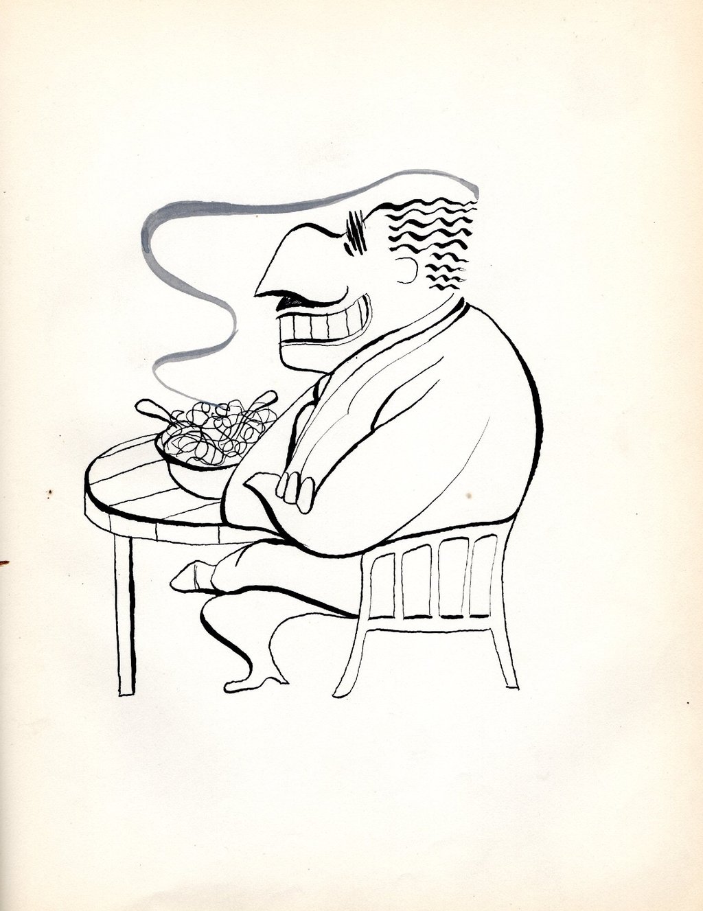 “Black-and-white line drawing of a stylized, cartoonish man with an exaggerated long nose and wide g