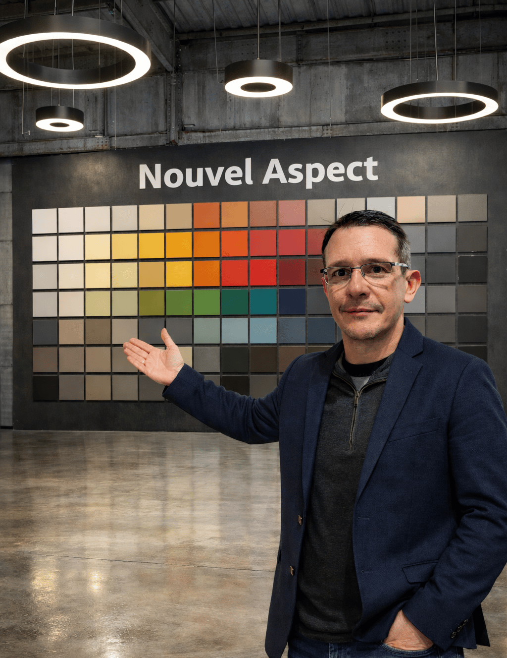 a man standing in front of a wall with a colorful display of paint and a