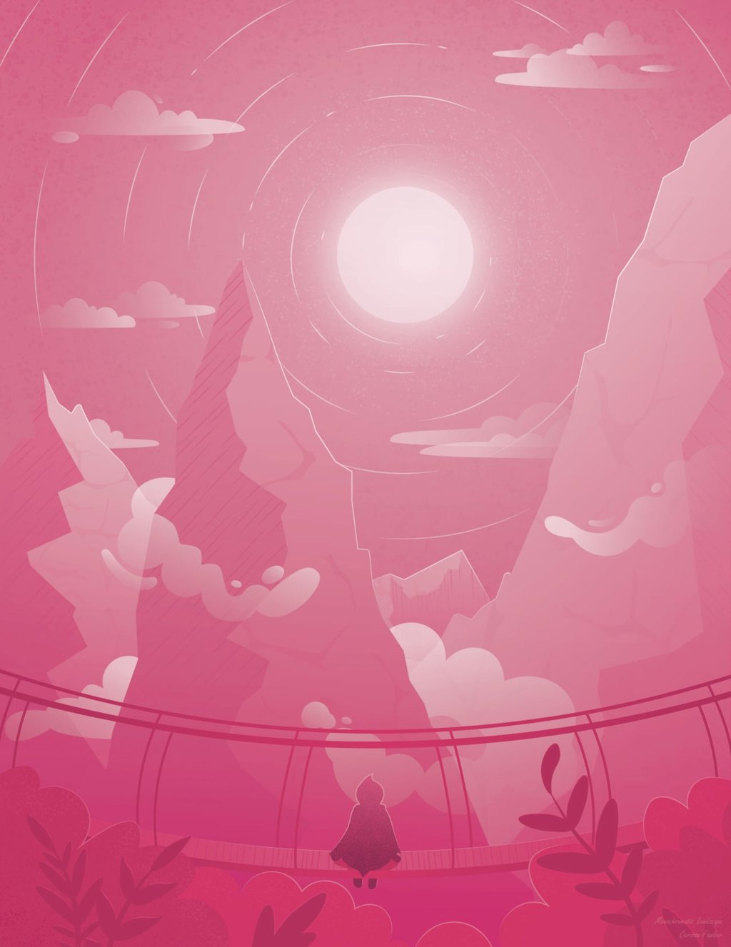Monochromatic pink vector art of a traveler looking at mountains and a bright sun from a high bridge.