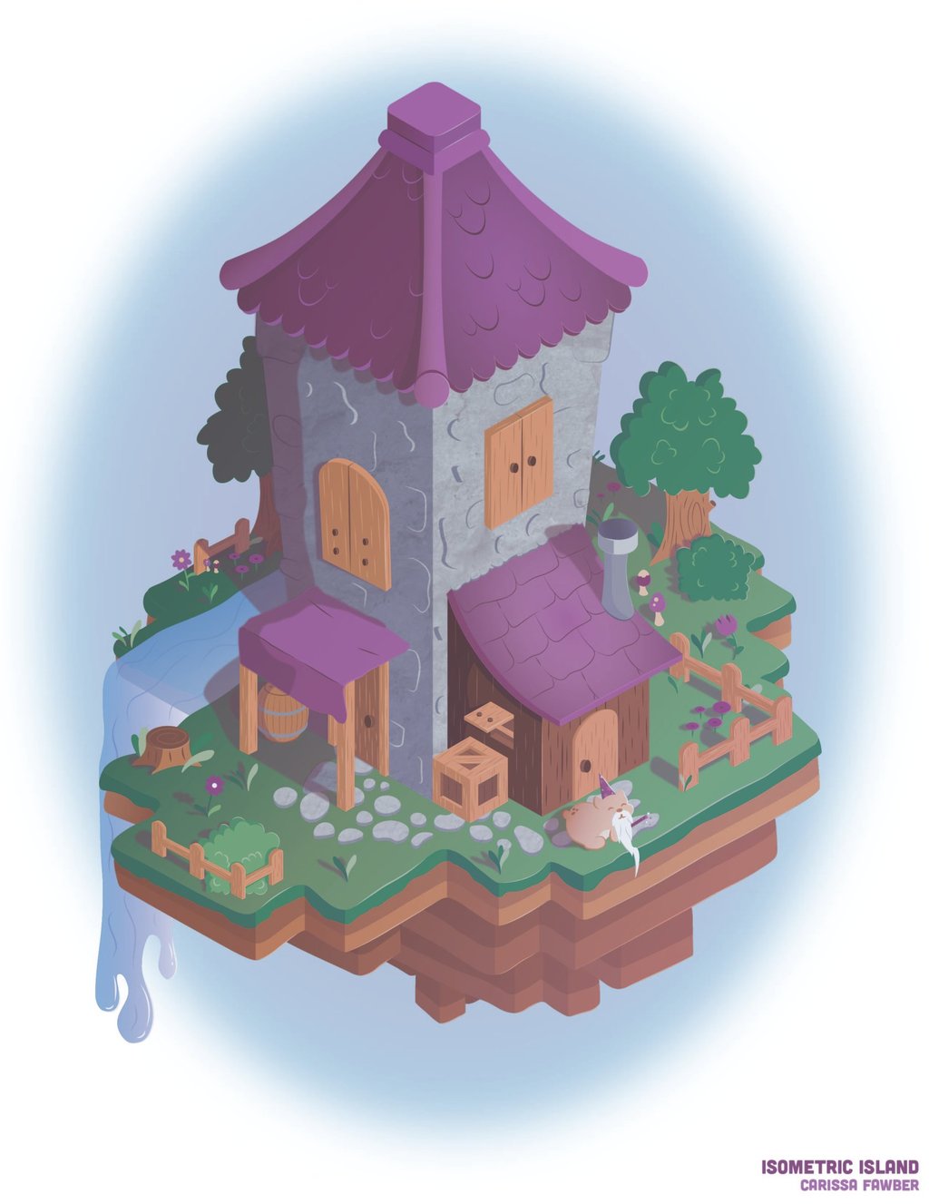 Isometric 3D digital art of a fantasy wizard tower on a floating island with a waterfall and garden.