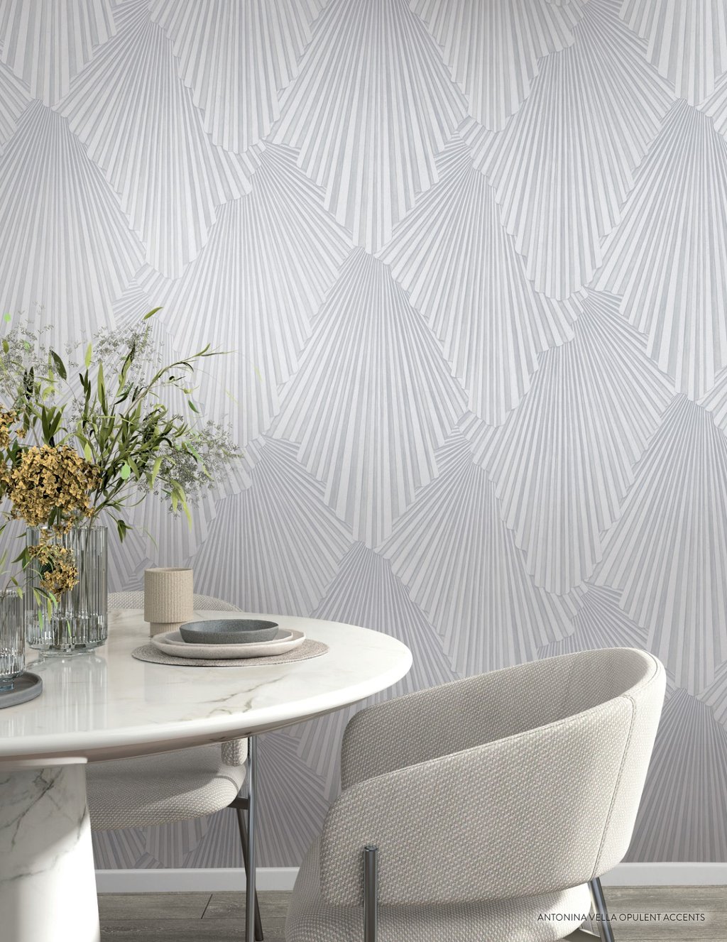Modern dining room featuring grey geometric fan pattern wallpaper behind a white marble table.