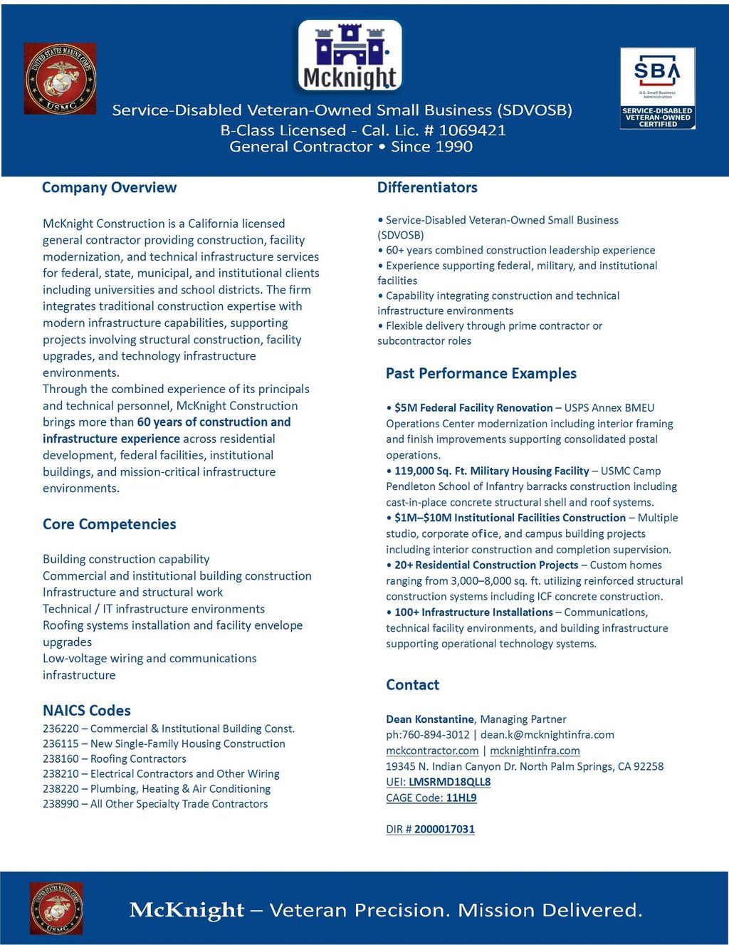 McKnight Construction capability statement showing core competencies 