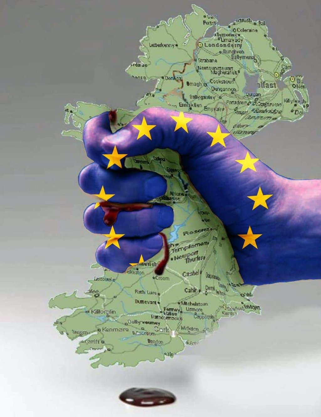 A fist coloured as the EU flag throttles a map of Ireland