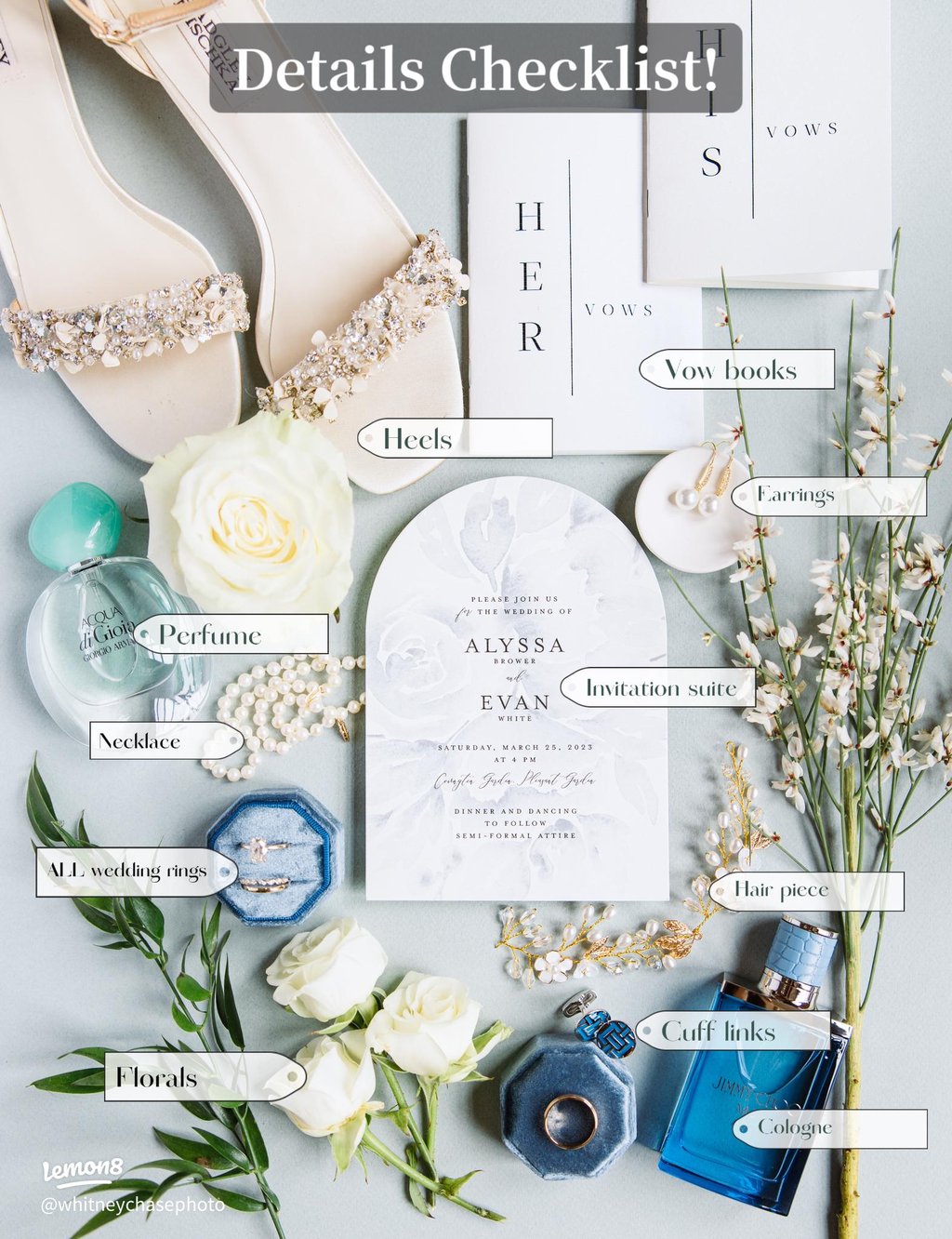 Wedding day checklist with rings, vows, and invitations laid out neatly to prevent day-of wedding st