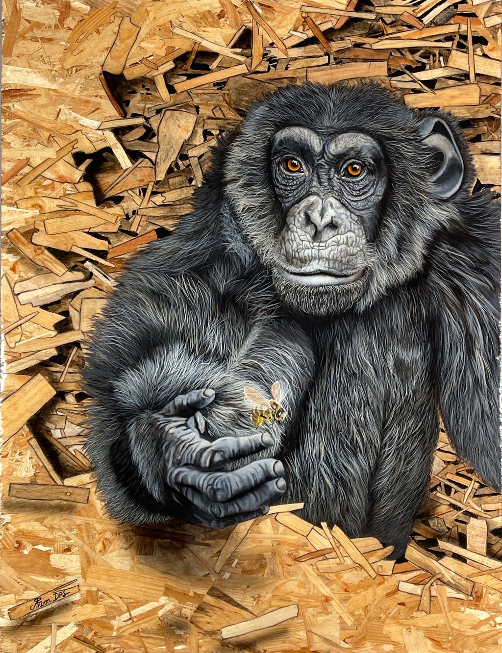 Équilibre Originel, représentant un chimpanzé tenant une abeille, peinture réalisée sur bois OSB.