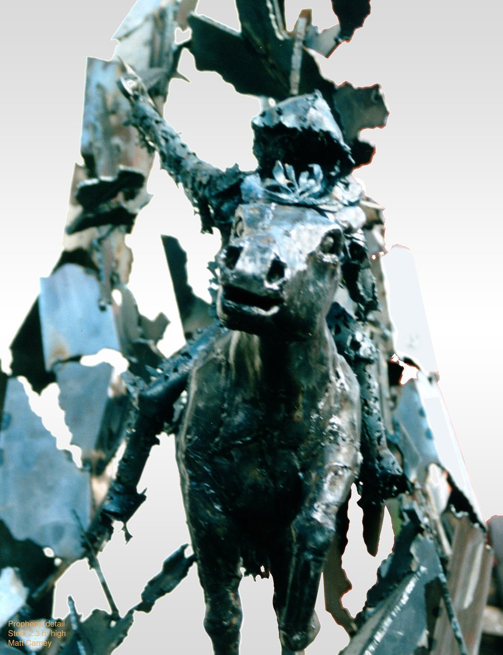 steel sculpture of one of the four horsemen of the apocalypse front view