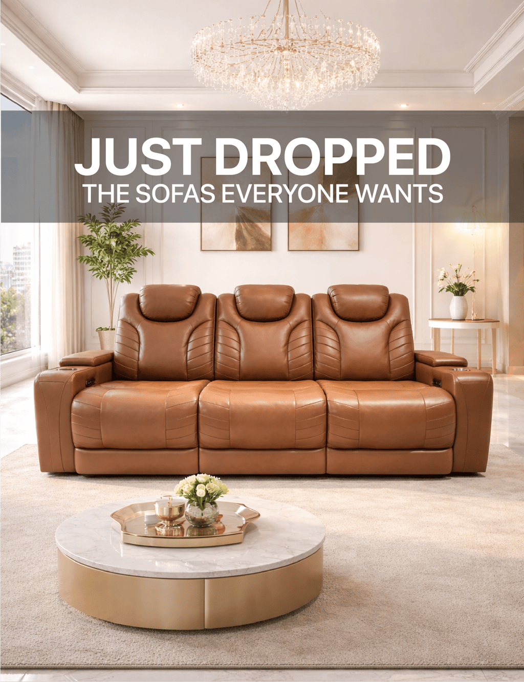 Luxury brown leather reclining sofa in a modern living room with a marble coffee table and chandelier.
