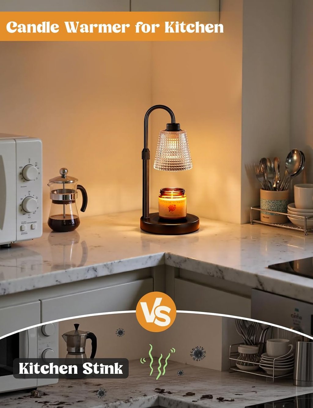 Electric candle warmer lamp on a marble kitchen countertop eliminating food odors with a scented jar candle.
