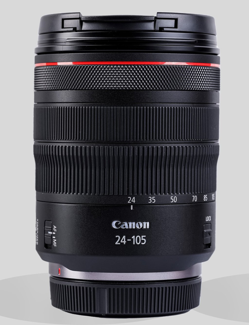 Canon RF 24-105mm f/4L IS USM lens for mirrorless cameras, showing the red ring and zoom markings.