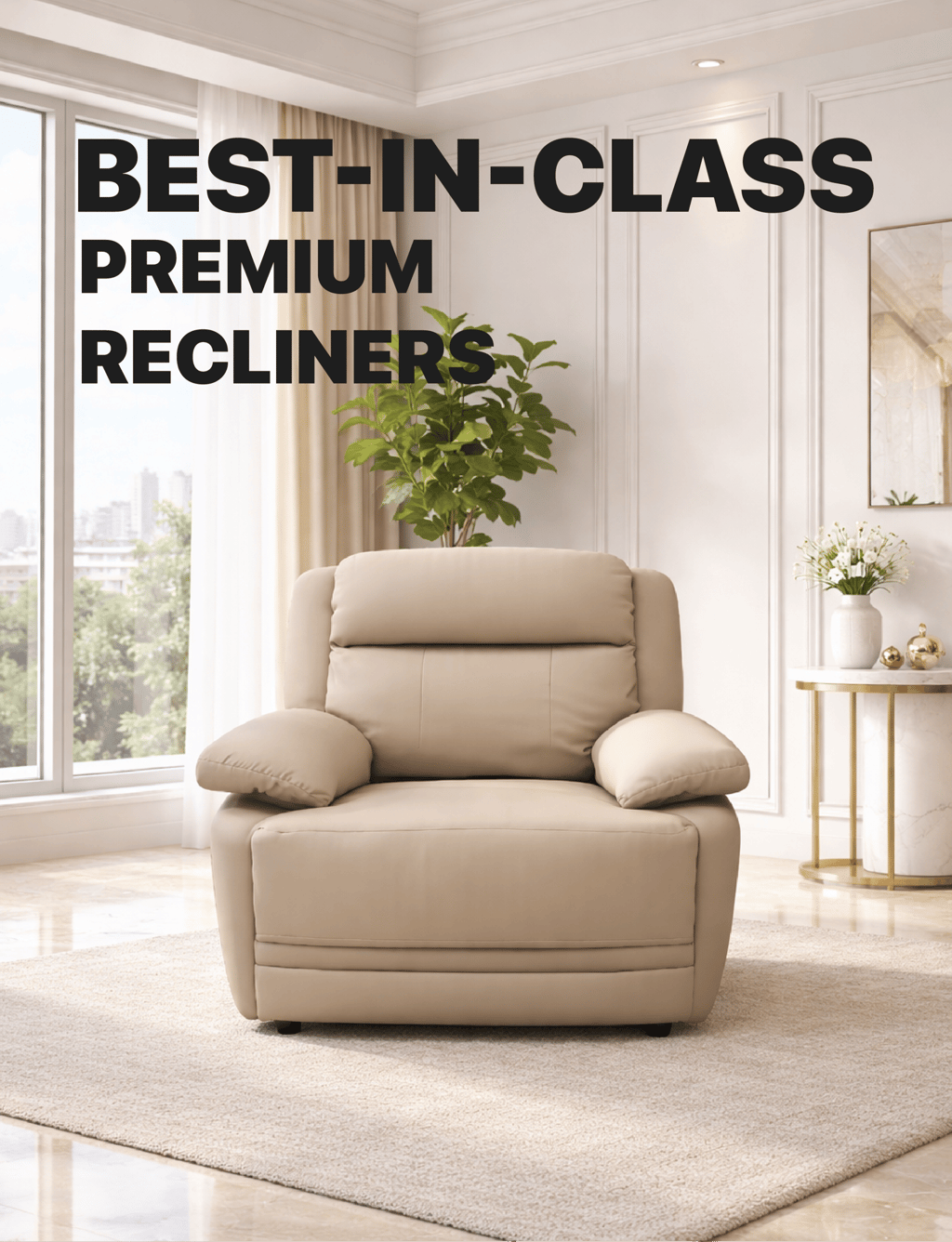 Premium beige recliner chair in modern living room – best in class recliners at Home Decor Express H
