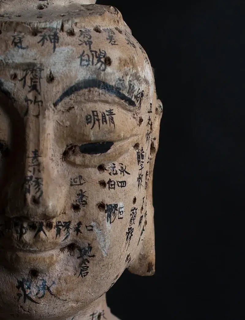 visage chinois montrant les méridiens et les points d'acupuncture