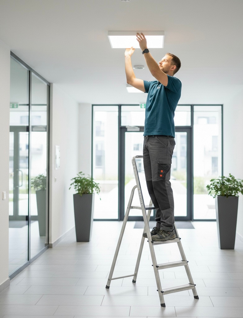 a man standing on a ladder ladder to reach the ceiling
