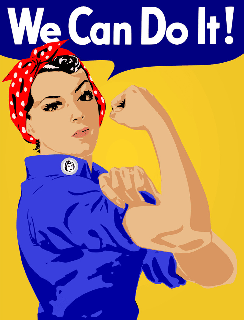 Das ikonische Rosie the Riveter-Poster zeigt eine Frau mit rotem Kopftuch, die mit dem Slogan