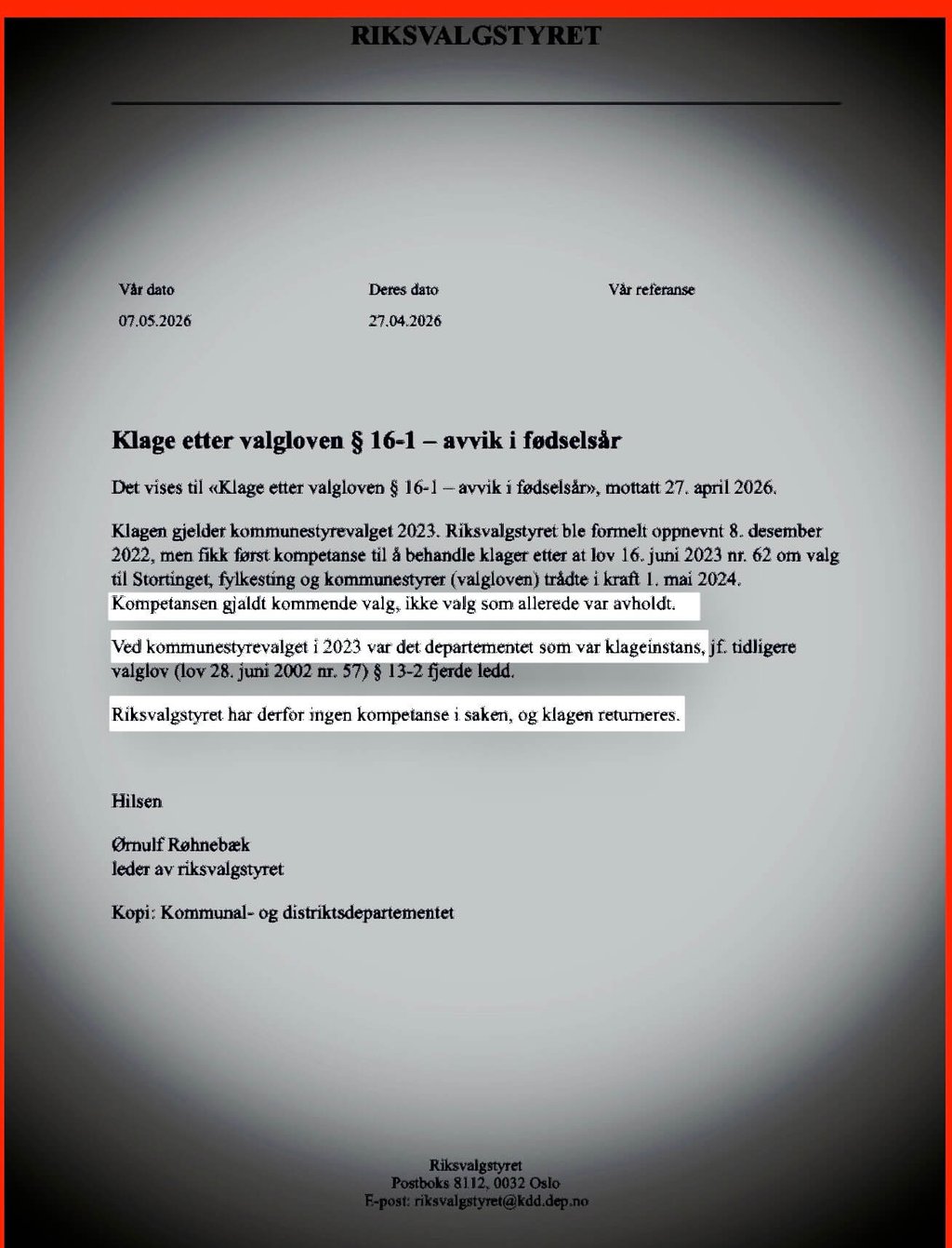 Riksvalgstyrets svar av 7. mai 2026، Fredrikstad Kommune bystyret, Salah Hassan al saadi, Styrer