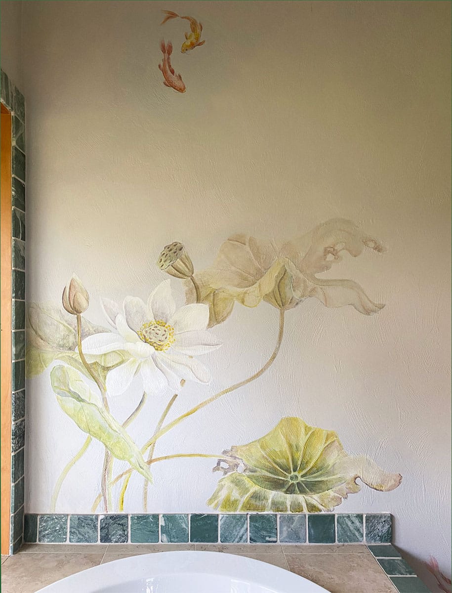 Dramatic mural with softly coloured lotus, foliage and koi in serene spa bathroom.