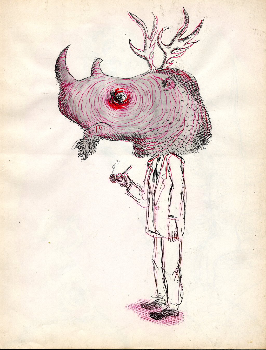 urreal ink drawing of a man in a suit with a large rhinoceros head featuring antlers and a swirling