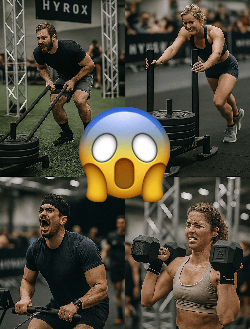 collage of brutal Hyrox exercises with shocked face emoji