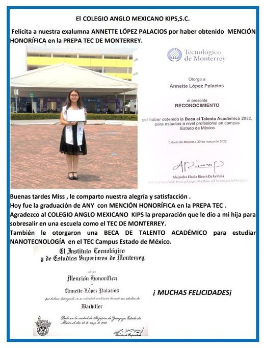 Annette López Palacios, exalumna del Colegio Anglo Mexicano KIPS, con su reconocimiento de Mención Honorífica y su beca para