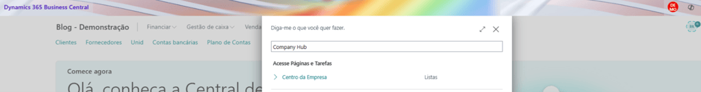 Microsoft Dynamics 365 Business Central interface showing the search feature for Company Hub and tasks.