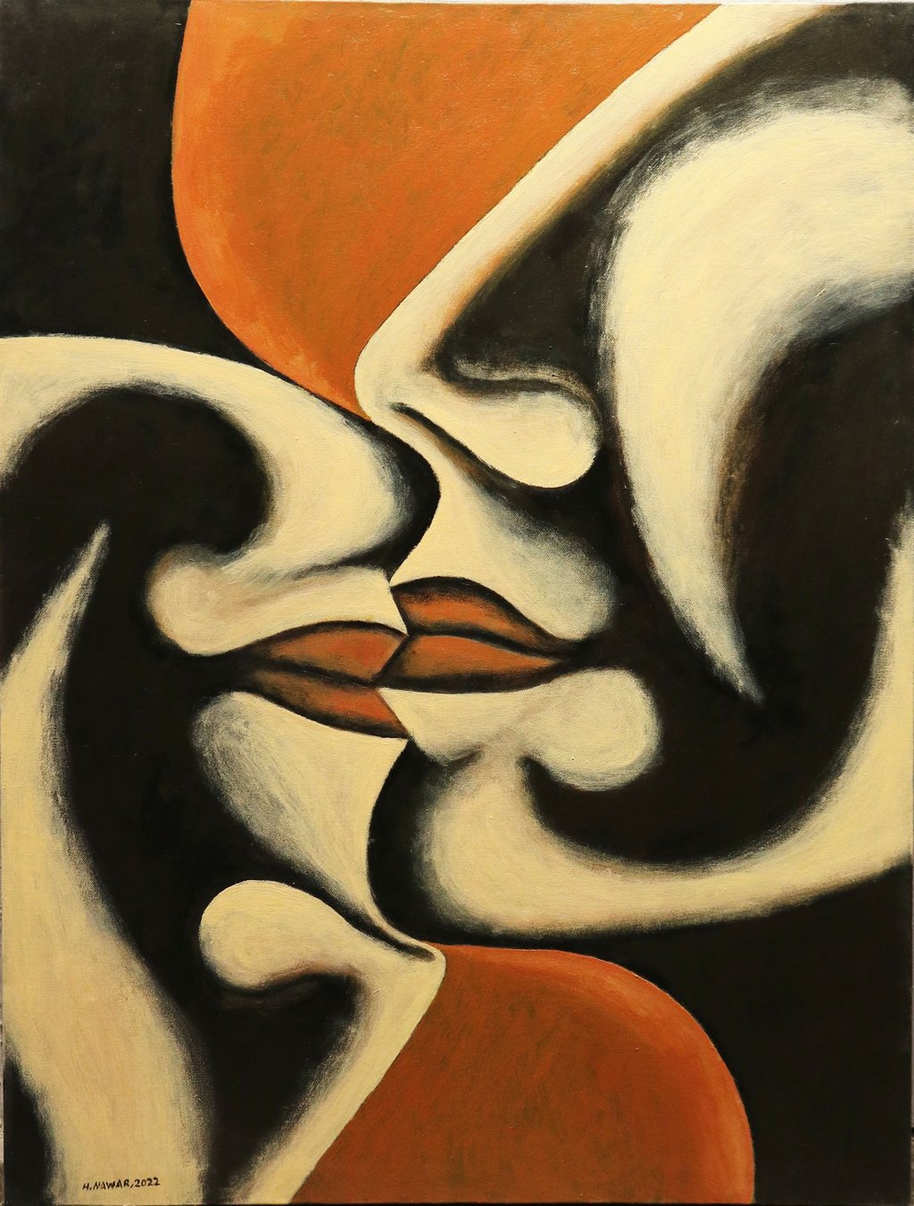 Hesham Nawar, kiss in orange, acrylic on canvas