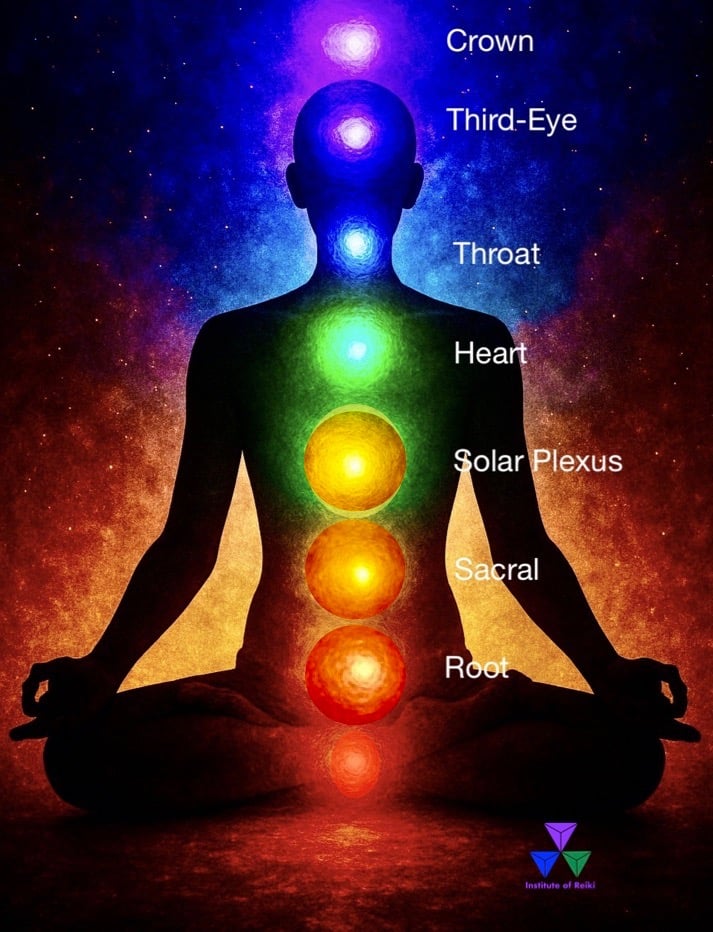 silhouette of a person sitting in lotus position with light of the seven chakras at their locations