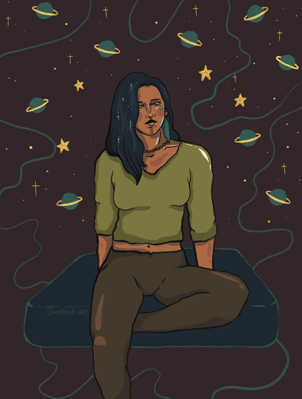An illustration of an indigenous girl sitting on a cushion floating in space.