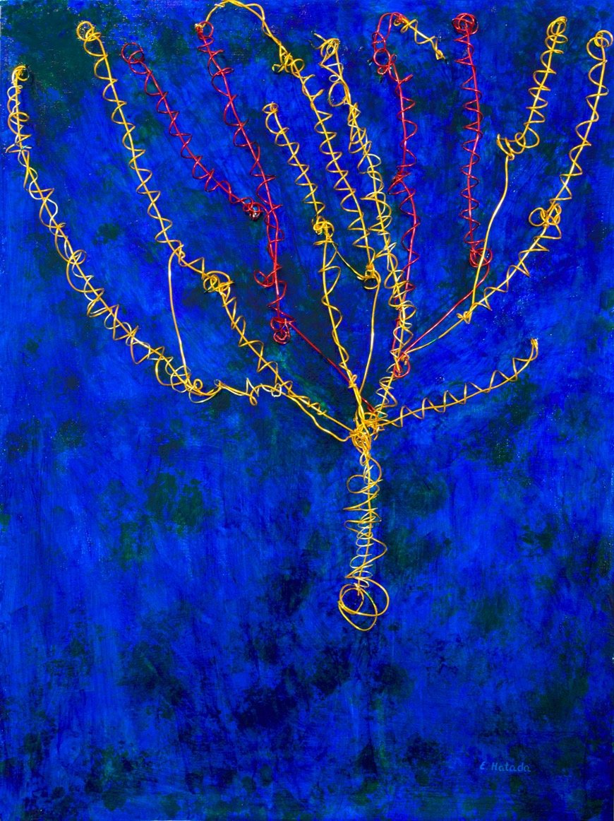 Metal wire and acrylic on panel showing a stylized bas-relief of a tree