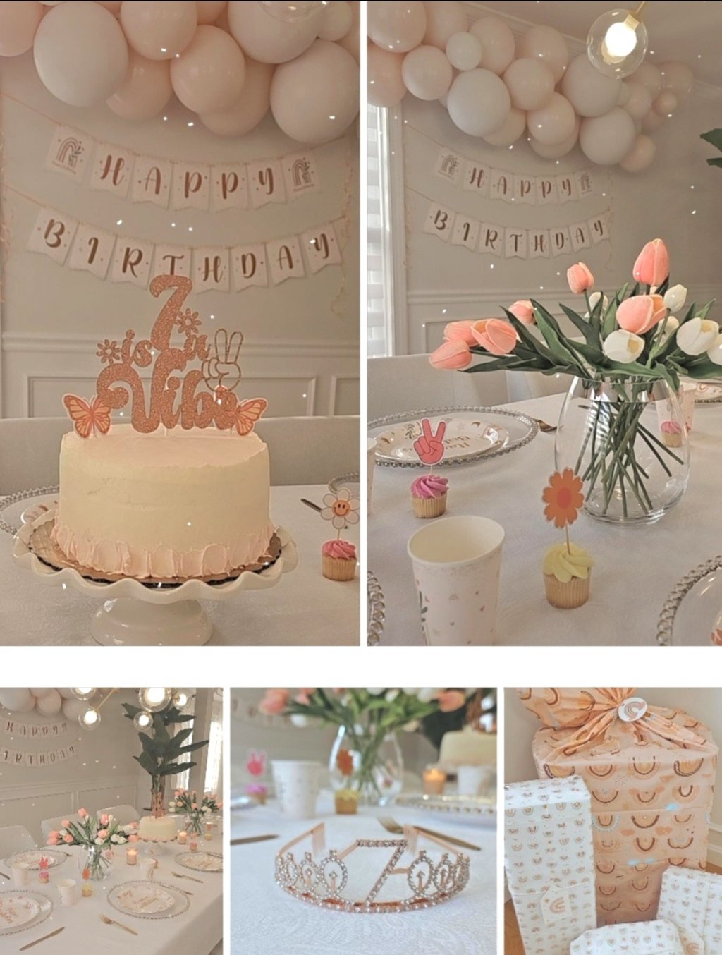 Elegant boho pink birthday party decorations featuring a custom cake, balloons, and floral table setting.