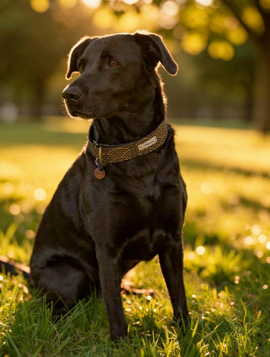 Black Labrador dog sitting in a grassy park at sunset wearing a patterned designer collar.