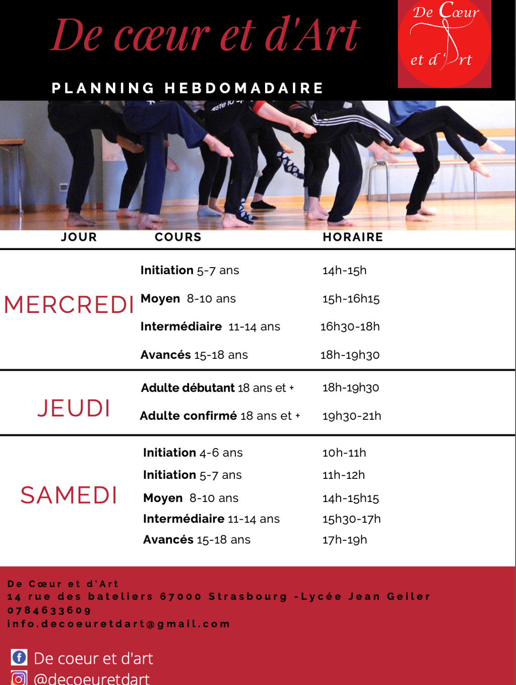 Planning hebdomadaire des cours de danse