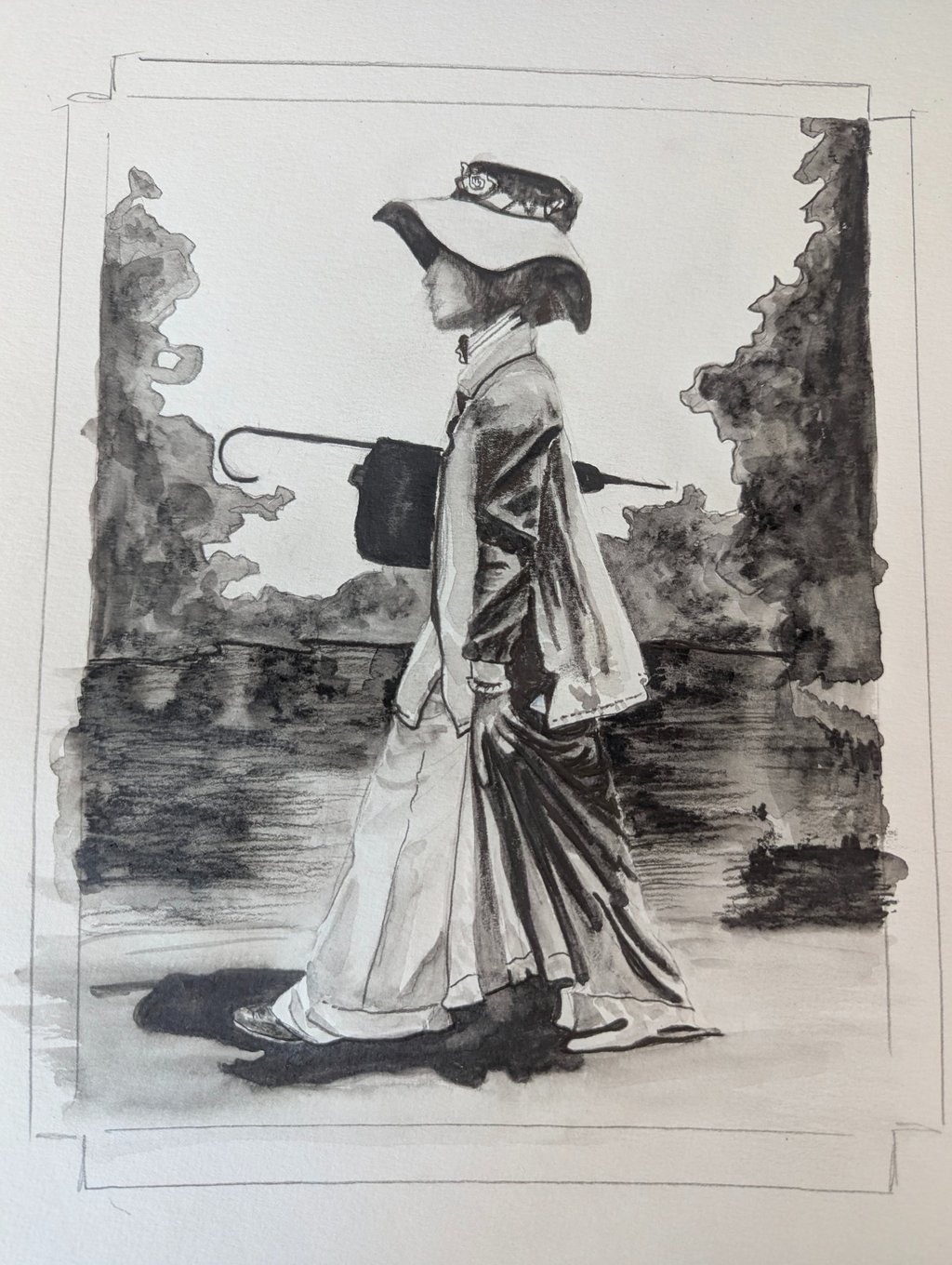 Katherine Hepburn walking in character on set, rendered in water graphites on paper by Kathy LaFollett.