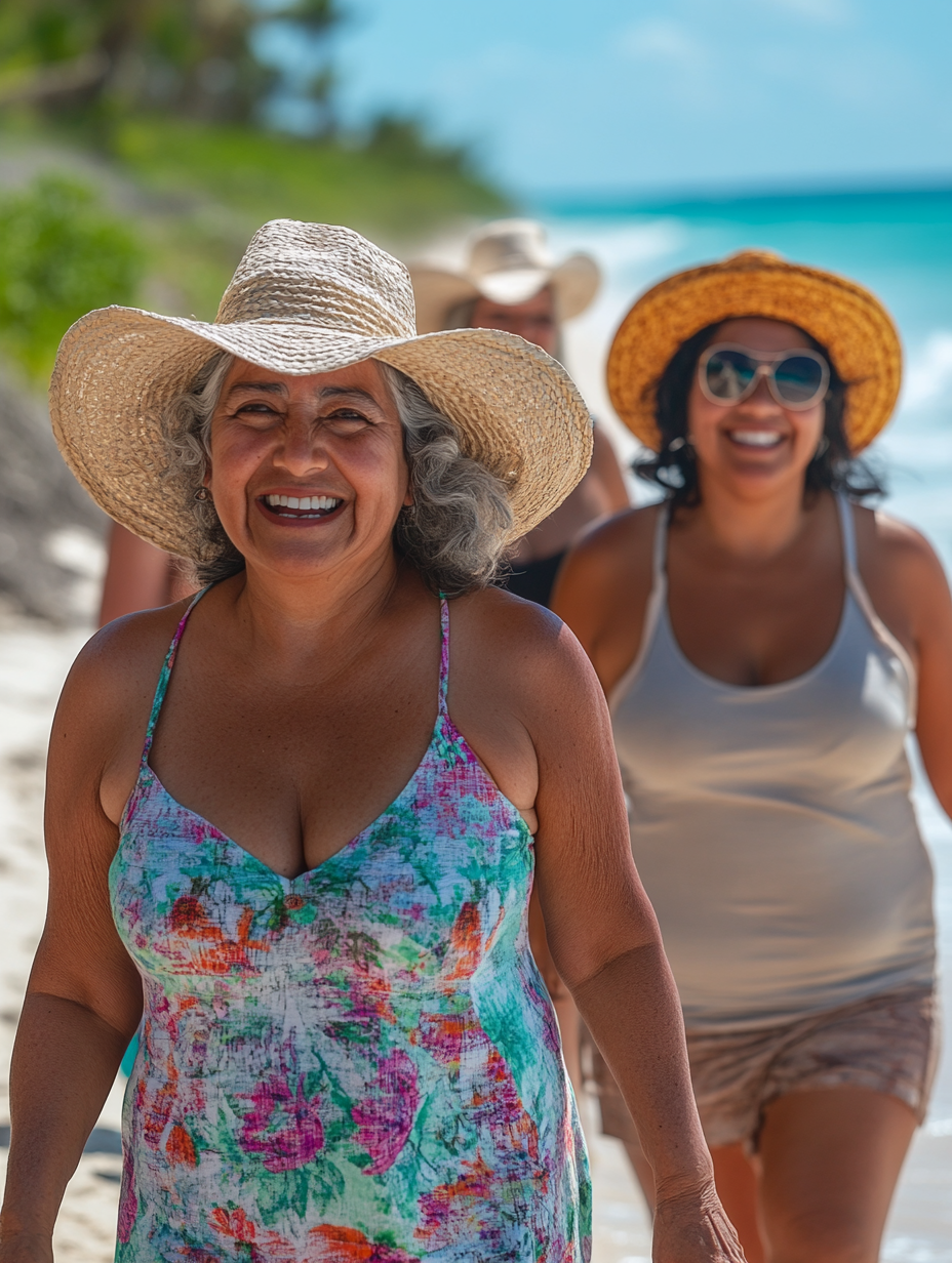 Tres mujeres mayores caminando en la playa con ropa de verano y sombreros 